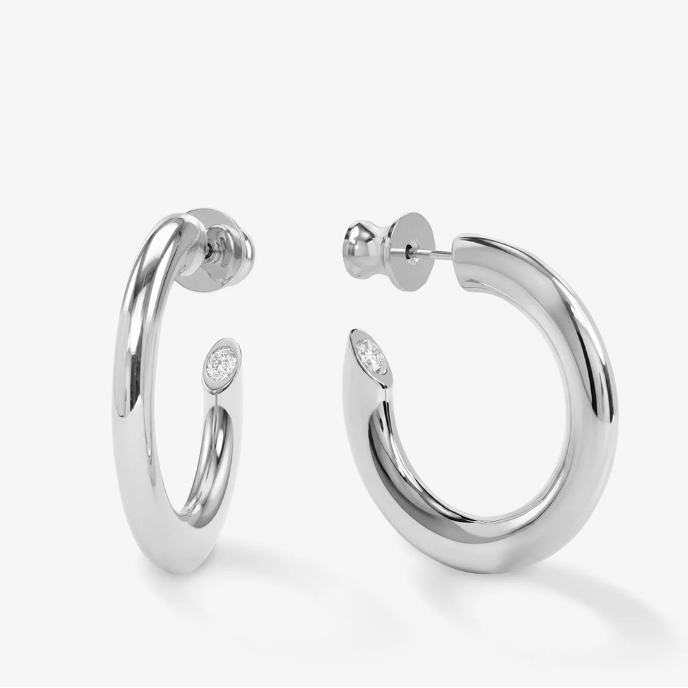 Melinda Maria Polished Silver Open Hoop Earrings with Pavé Tips